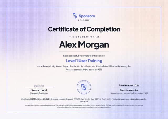 Sample Sponsoro Academy Level 1 User Training certificate